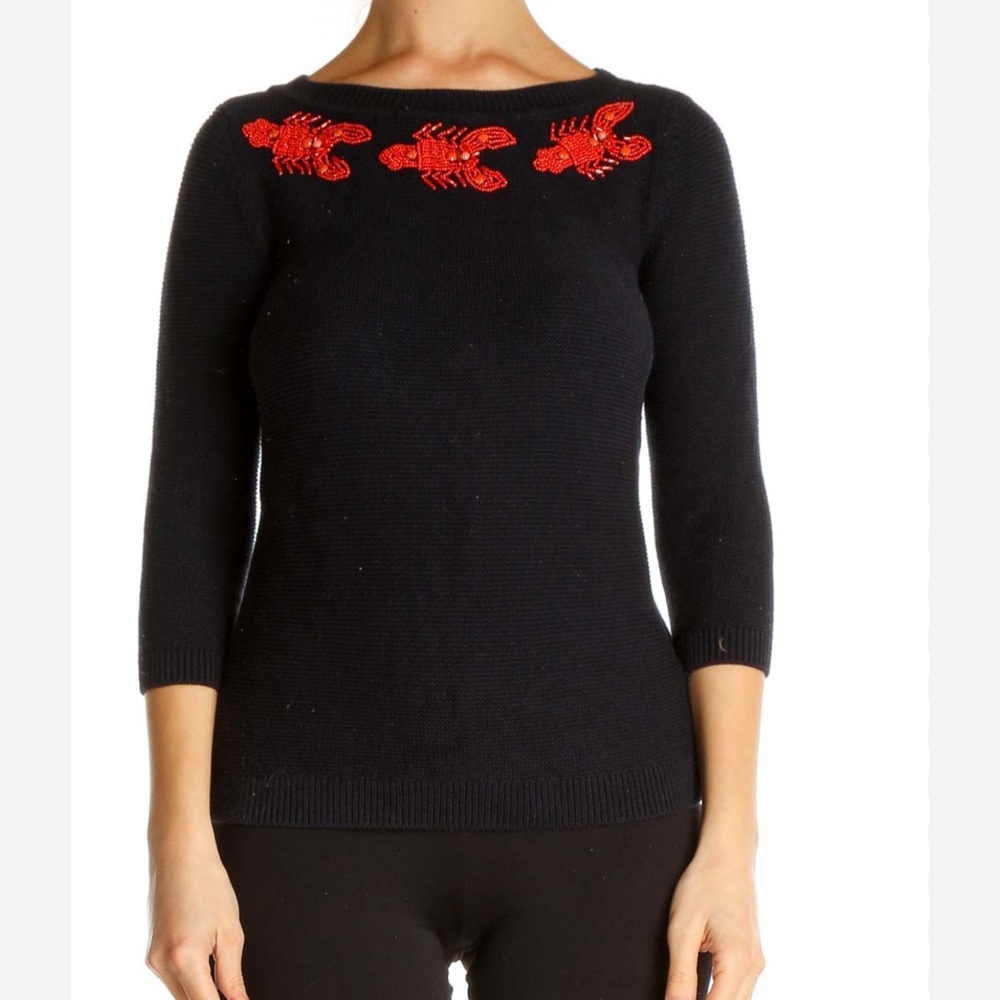 Talbots Petites navy blue red beaded lobster neckline M cotton rayon sweater
